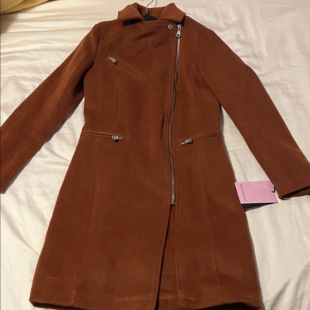 Avec Les Filles Cinnamon Twill/Wool Moto Overcoat Coat